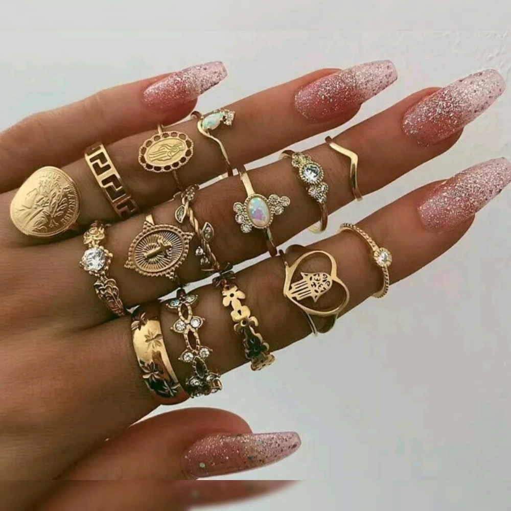 15 piece gold boho stackable opal, cubic zirconia ring set